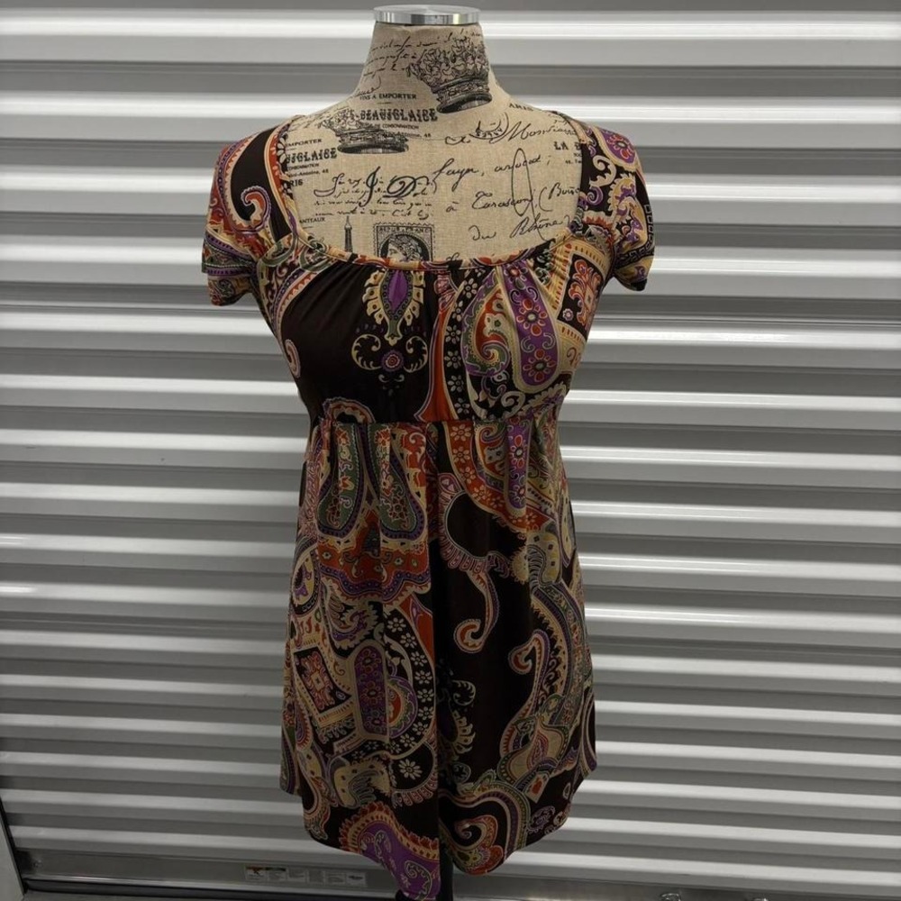 Y2K milkmaid earthy tones paisley print babydoll tie back mini dress.